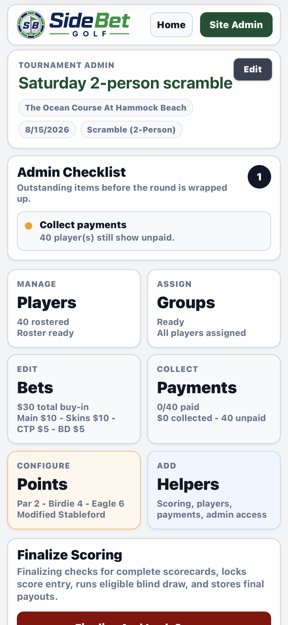 SideBet Golf tournament admin overview