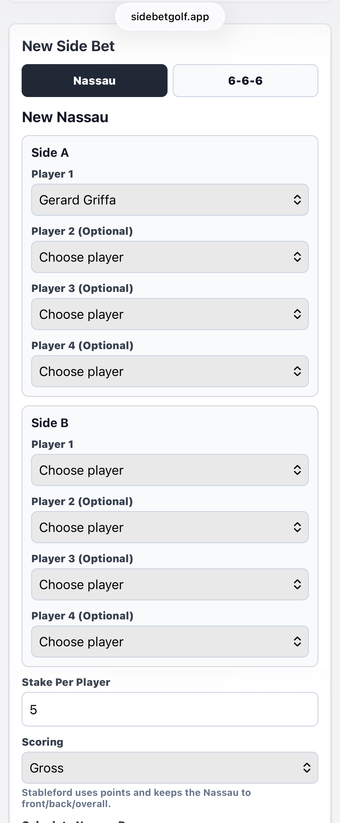 Create Nassau side bet form