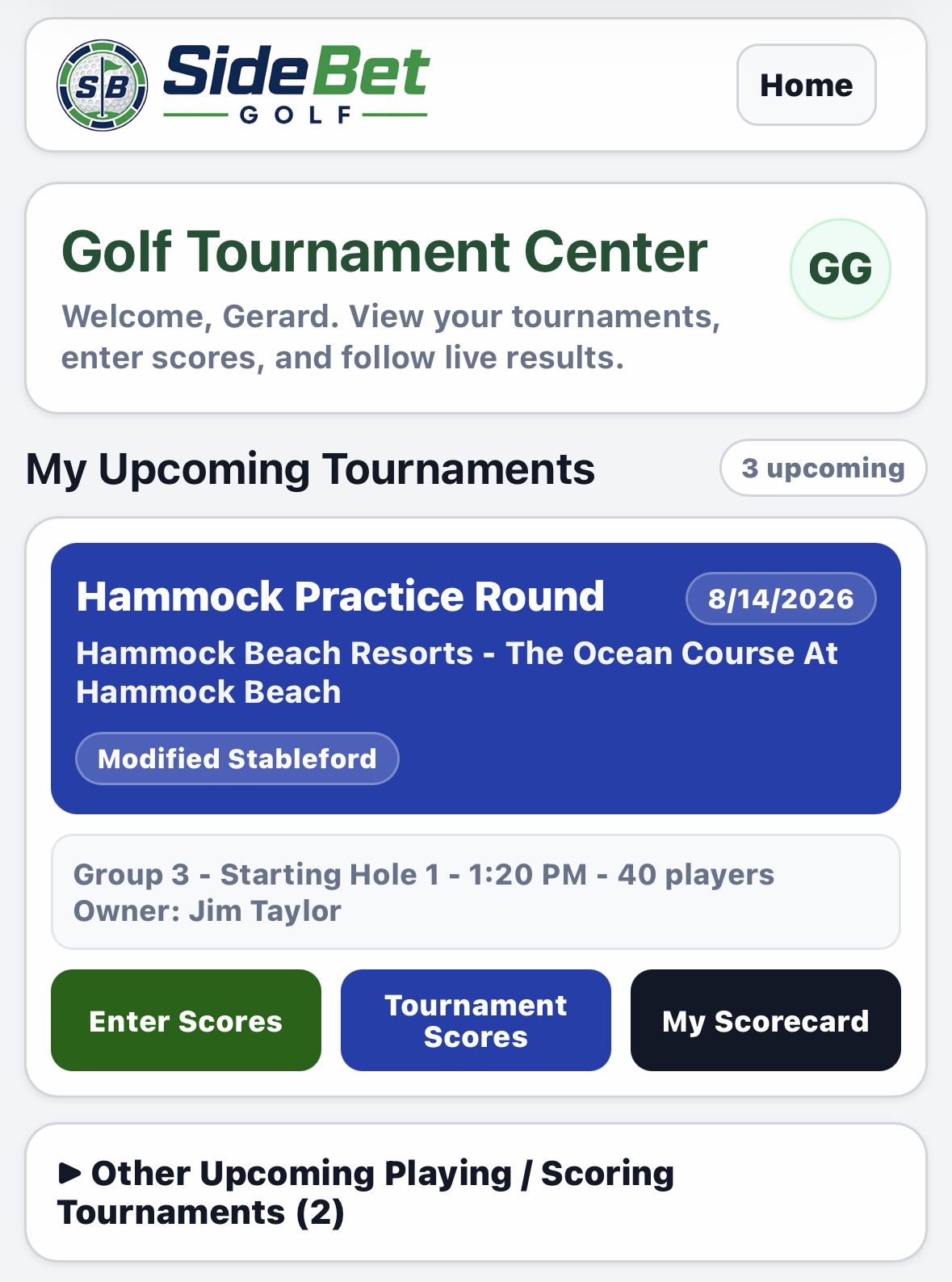 Player tournament center showing an upcoming event